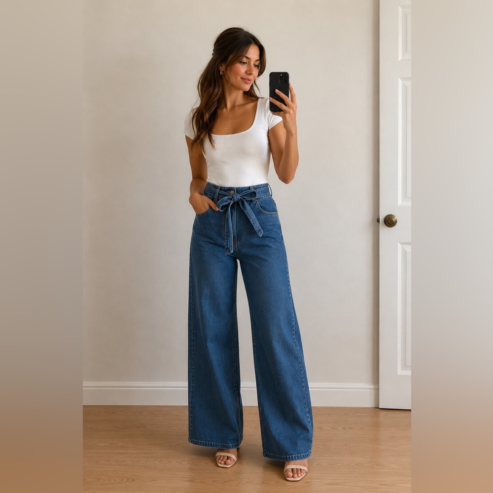 GAP Women's Blue High-Waist Straight Jeans with Tie Belt